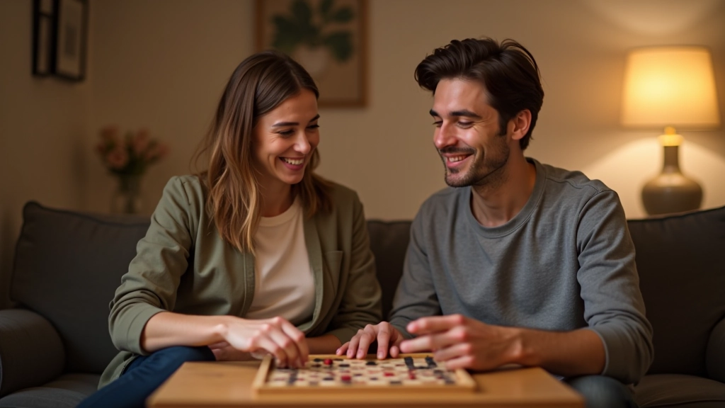 Pár sedí na pohovce a hraje si deskovou hru, společný čas bez technologií