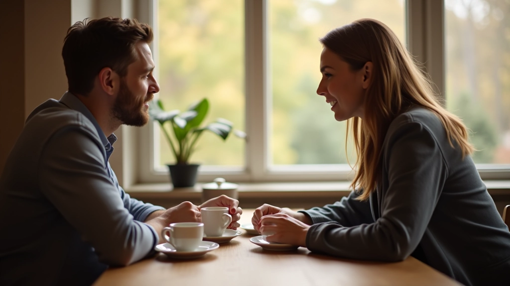 Pár sedí u stolu a vede hluboký rozhovor s čajem a notebookem