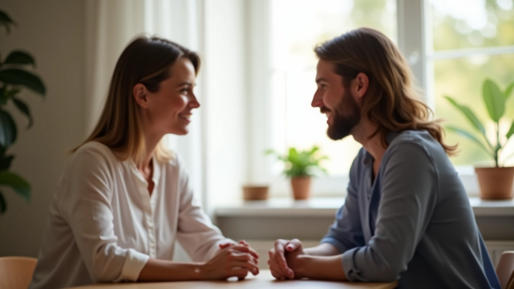 Dvě osoby si sedí a komunikují v klidném prostředí