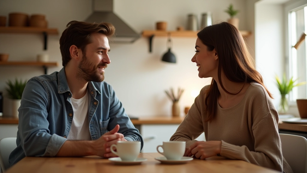 Muž a žena sedí u kuchyňského stolu, pijí kávu a rozhovořují se, příjemné domácí osvětlení