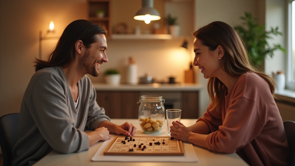 Pár hraje společenskou hru u stolu v útulné domácnosti