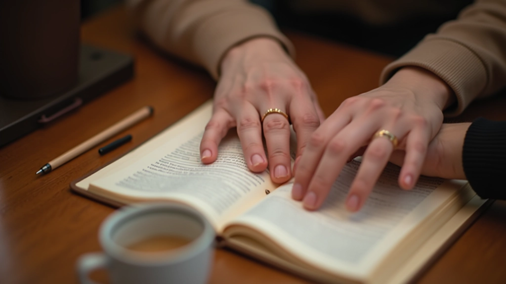 Ruce dvou lidí se dotýkají nad deníkem s pozitivními poznámkami