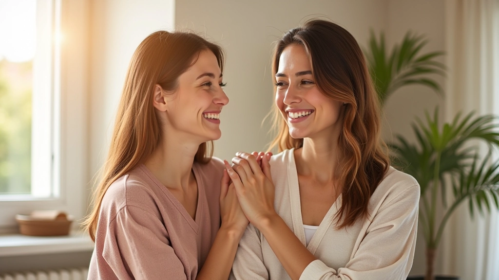 Dvě ženy se usmívají a vzájemně se dotýkají na rameni, přirozená slunečná osvětlení v domácím prostředí