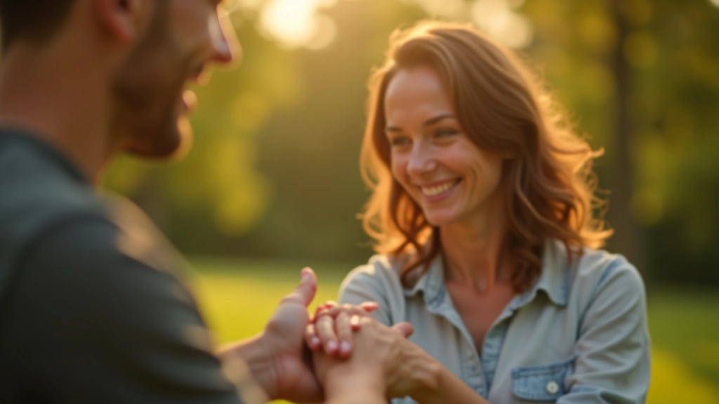 Žena drží ruku muže a usmívá se mu vděčně, přírodní venkovní osvětlení, park nebo zahrada